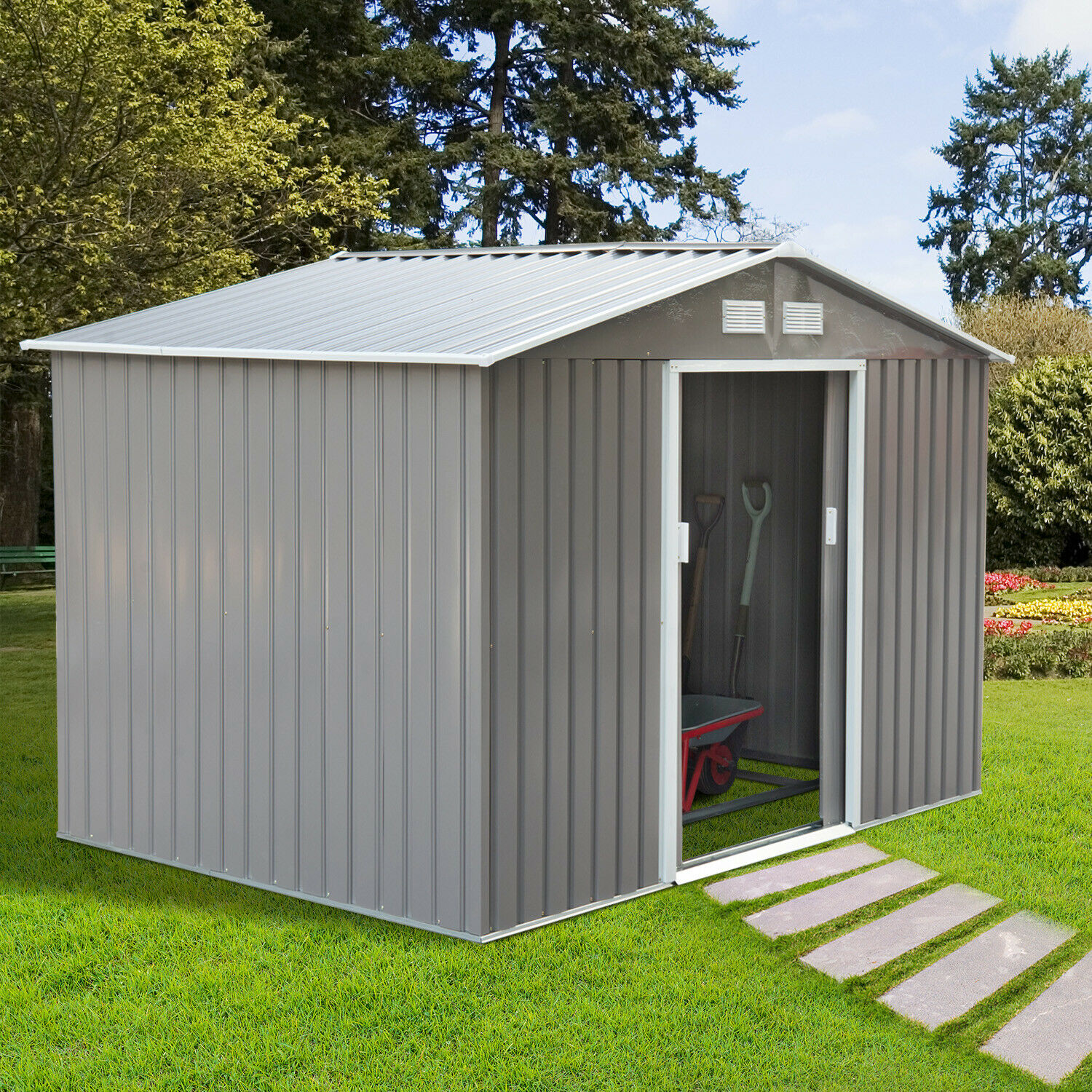 Outsunny 9 X 6FT Outdoor Storage Garden Shed w/2 Door Galvanised Metal Grey