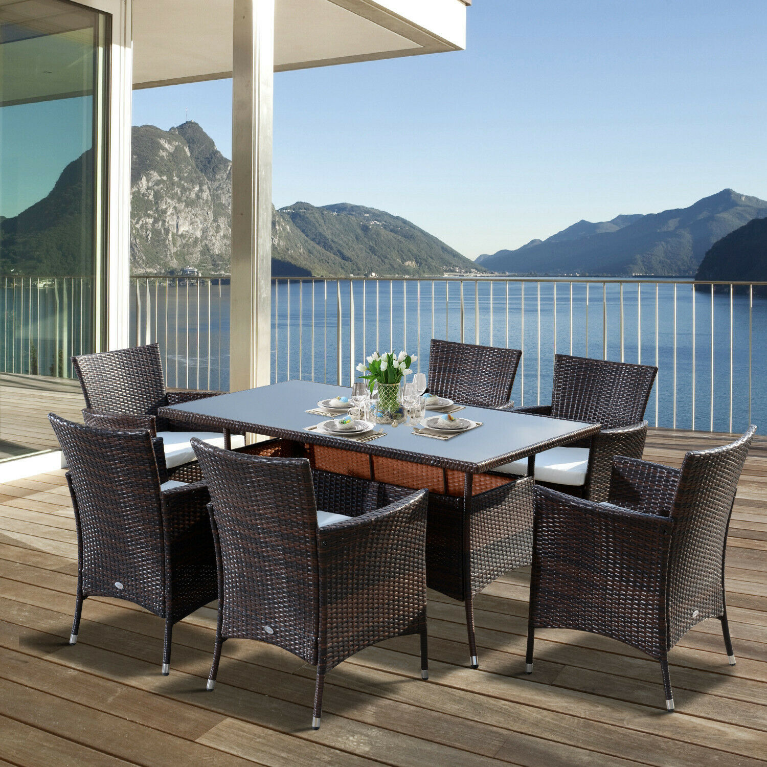 Outdoor Garden Rattan Furniture Cube Dining Set Rectangular Table 6 Chairs Brown