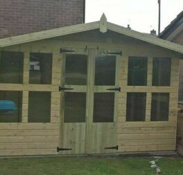 12X10 SUMMERHOUSE +2FT CANOPY 13MM T/G TAN  3X2 FRAME 19MM THICK T/G  FLOOR.