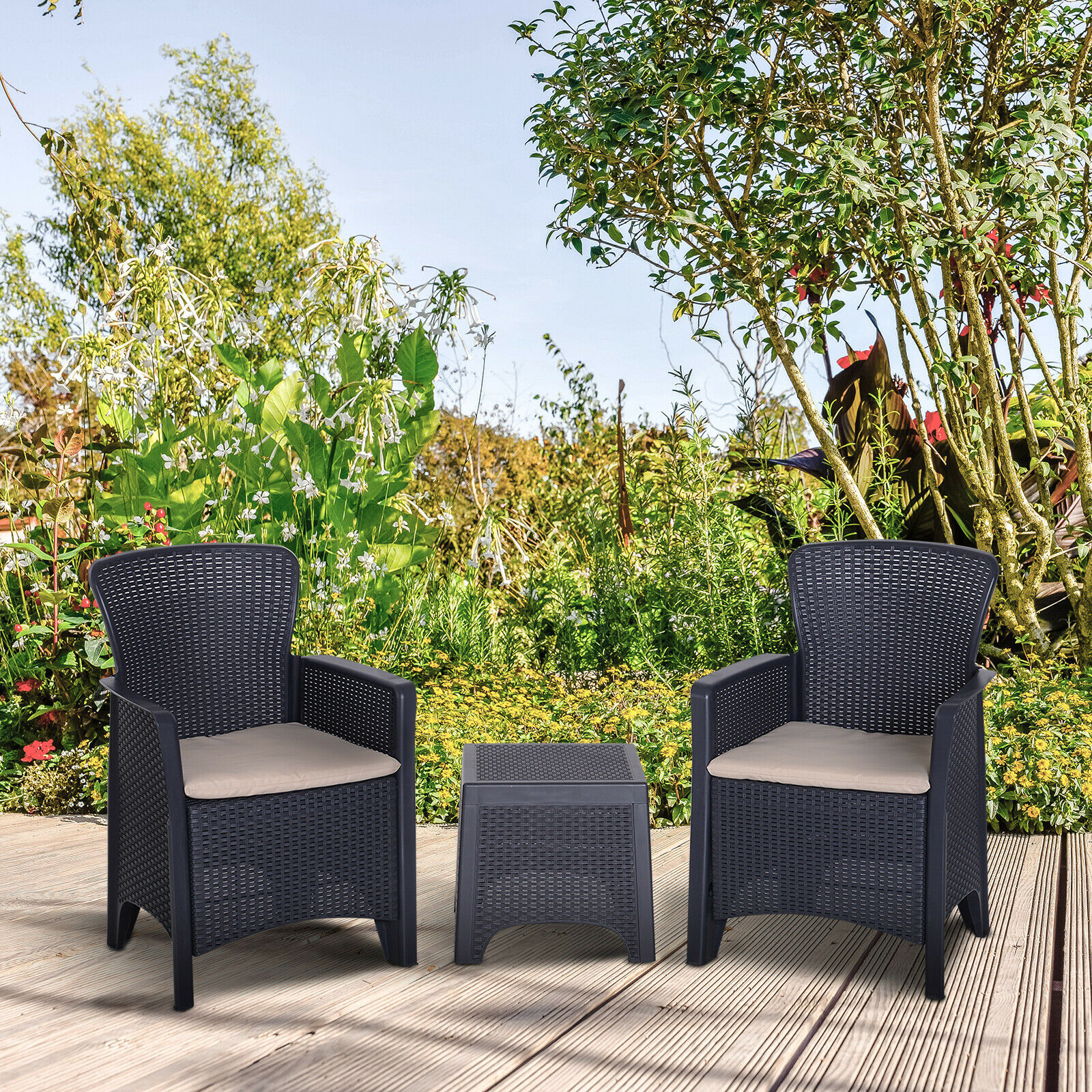 Garden Outdoor 3 PCs Rattan Furniture Set 2 Arm Chair w/ Cushion 1 Coffee Table