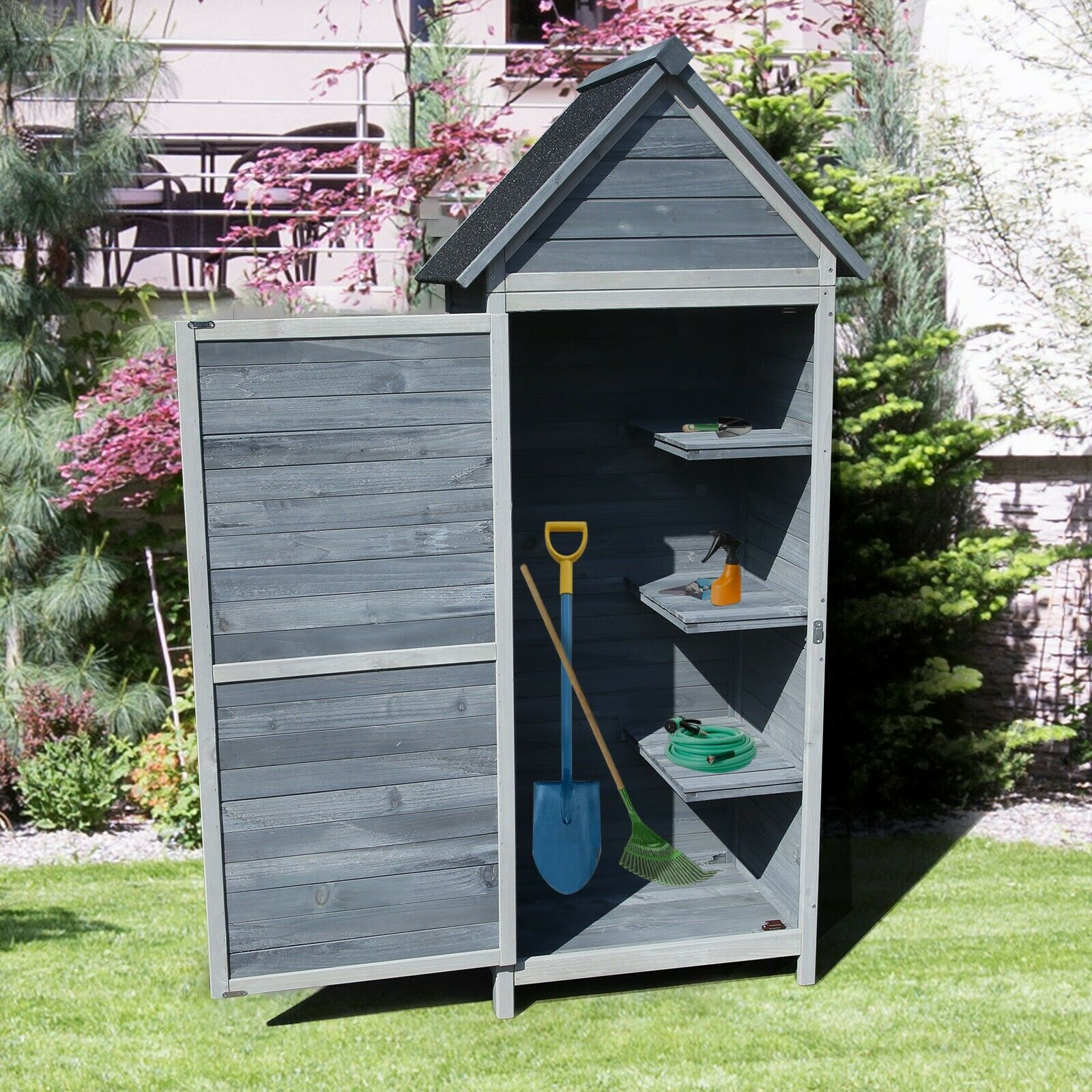 Outdoor Wooden Storage Shed Yard Garden Tools Slim House Sentry