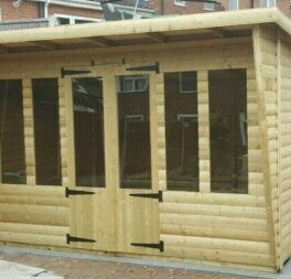 12x10 SUMMERHOUSE PENT +2FT CANOPY 19MM TAN LOGLAP 3X2 FRAME .13MM T/G ROOF