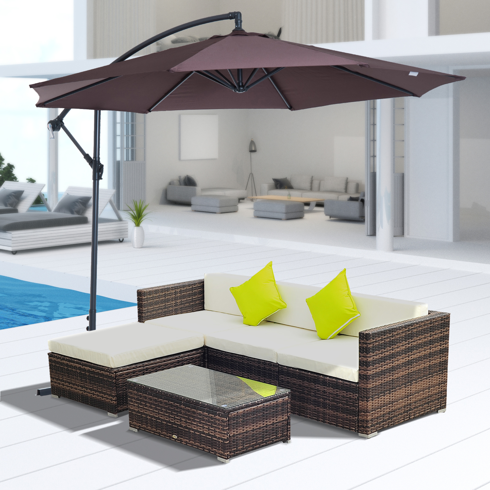 6Pcs Rattan Sofa Furniture Set With Cantilever Parasol Patio Outdoor w/ Cushion
