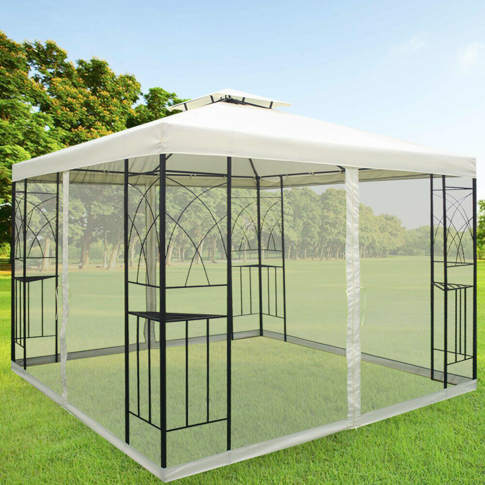 Vintage Metal Garden Gazebo Waterproof Pavilion Canopy Shelter with Curtain 3x3M