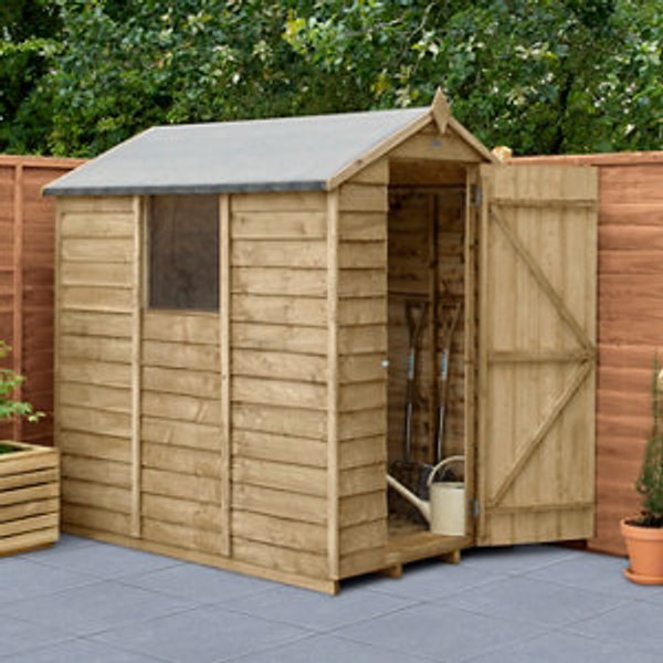 Forest Garden 6x4 Apex Pressure treated Overlap Natural Timber Wooden Shed with floor (Base included) - Assembly service