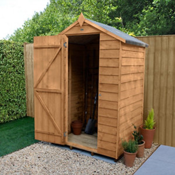 Forest Garden 4x3 Apex Dip treated Overlap Golden Brown Wooden Shed with floor (Base included) - Assembly service includ