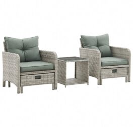 5pcs Grey Rattan Armchair Stool Green Cushions